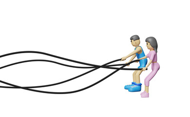 cartoon character fitness people with battle ropes exercise in gym. exercise for health Concept, 3d illustration or 3d render
