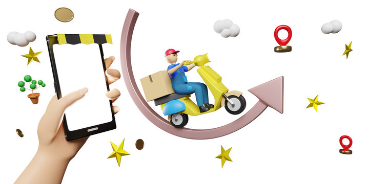 hand holding mobile smart phone, online delivery or order tracking concept, scooter driver with goods box and pin in blue. Fast package shipping with cell phone, 3d illustration or 3d render