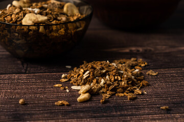 Healthy chocolate granola with nuts and dried banana