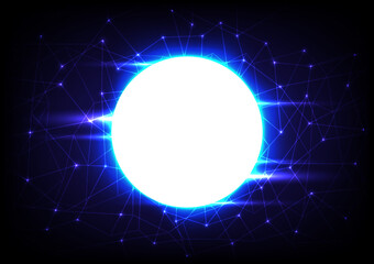 Abstract network connection blue background with white circle round and neon lights