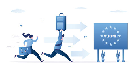 Unhappy people carries luggage and runs towards border with European Union. Couple of immigrants trying to cross country border. Refugees with suitcases runs away from military conflict