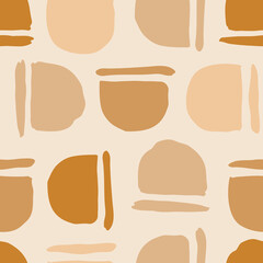 Clay pots abstract seamless vector pattern. Painted shapes creating an illusion of clay pots. Neutral palette of orange, peach on beige. Great for home decor, fabric, wallpaper, gift-wrap, stationery.