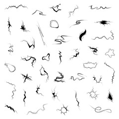 Set Black Collection Simple Line Cracked, Damaged, Hole, Earthquake, Destruction Doodle Outline Nature Element Vector Design Style Sketch Isolated Illustration