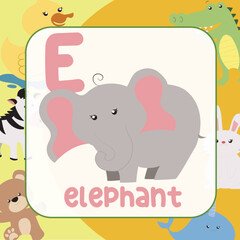 animals alphabet flashcard for toddlers. Learning card introducing letters to children through game card. Cute animal vector design. E for Elephant 