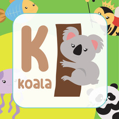 animals alphabet flashcard for toddlers. Learning card introducing letters to children through game card. Cute animal vector design. K for Koala