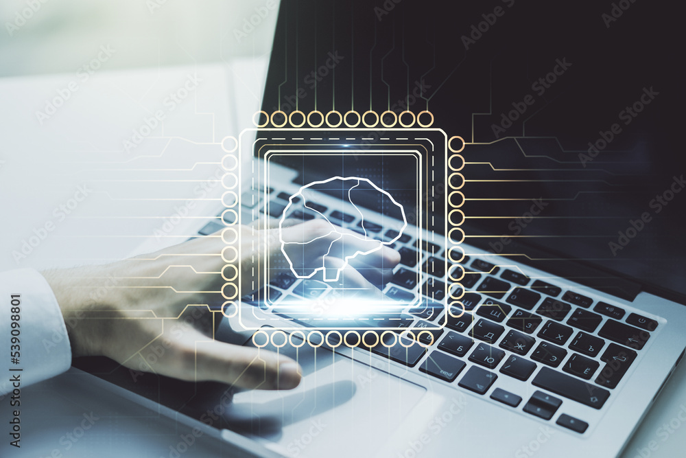 Poster double exposure of creative artificial intelligence symbol with hands typing on laptop on background