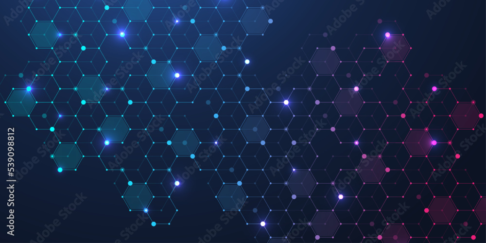 Fototapete Technology abstract lines and dots connect background with hexagons. Hexagons connection digital data and big data concept. Hex digital data visualization. Vector illustration