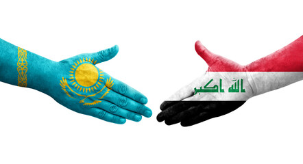 Handshake between Iraq and Kazakhstan flags painted on hands, isolated transparent image.