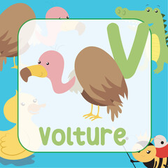Obraz na płótnie Canvas animals alphabet flashcard for toddlers. Learning card introducing letters to children through game card. Cute animal vector design. V for Vulture