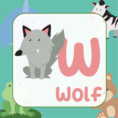 animals alphabet flashcard for toddlers. Learning card introducing letters to children through game card. Cute animal vector design. W for Wolf