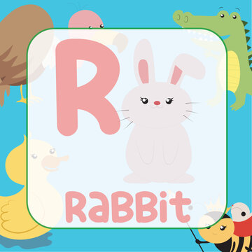 
animals alphabet flashcard for toddlers. Learning card introducing letters to children through game card. Cute animal vector design. R for Rabbit 