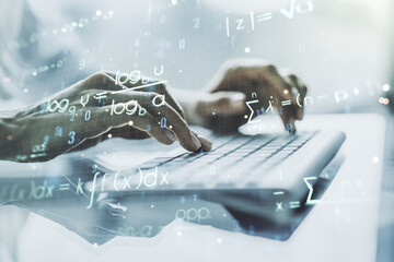 Creative scientific formula illustration with hands typing on computer keyboard on background,...