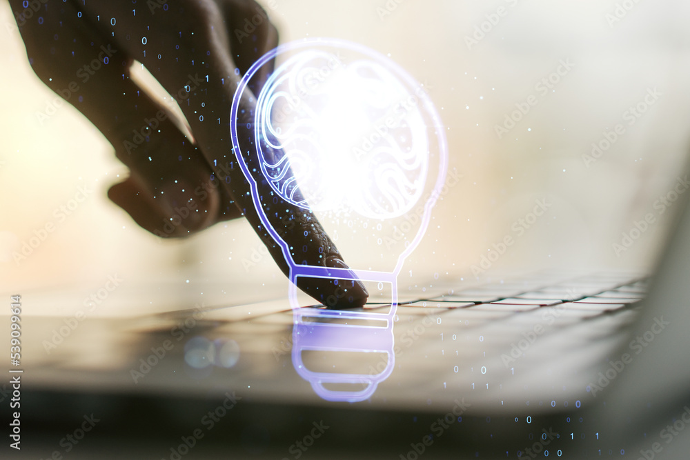 Poster creative idea concept with light bulb and human brain illustration and with hands typing on laptop o