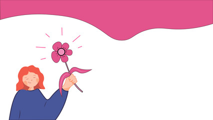 the girl is holding a flower. congratulations on the holiday. love. postcard. greeting banner. advertisement, profitable offer