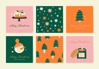 Christmas greeting cards or tags with lettering and hand drawn design elements. Postcard or invitation template. 
