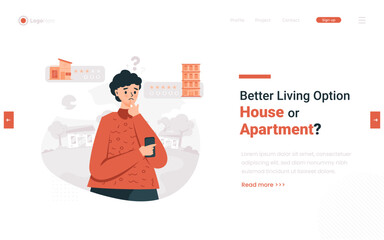 A man thinking to choosing house or apartment illustration on web banner