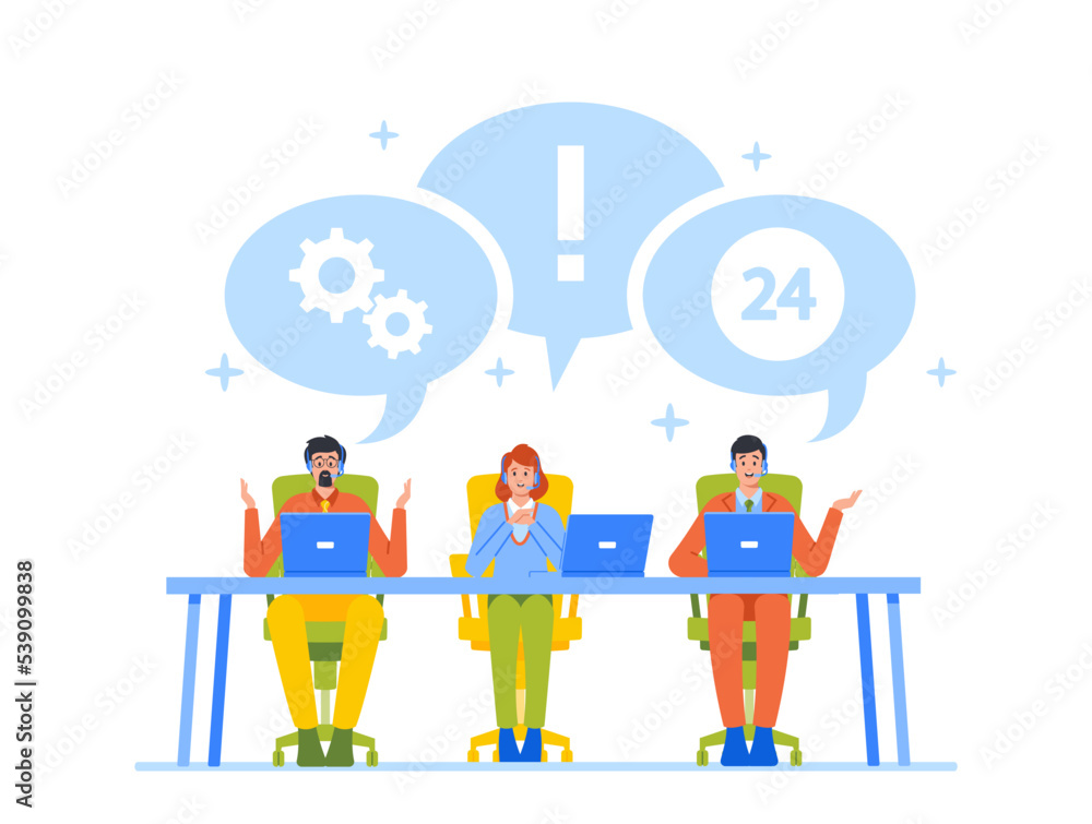 Poster call center hotline, operator and client communication, specialist solve clients problems online. te