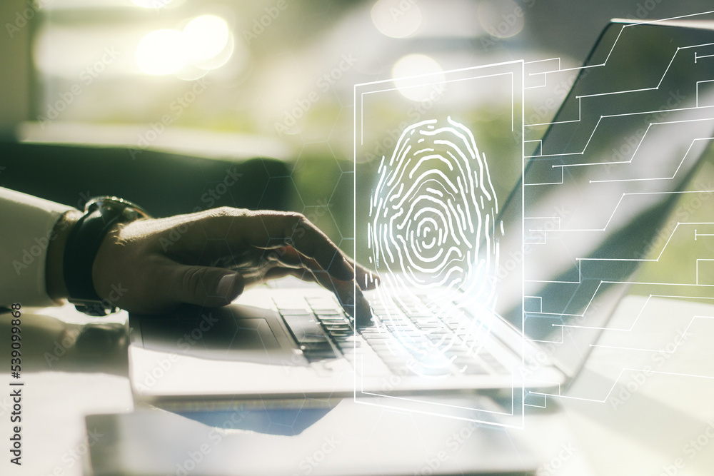 Poster double exposure of abstract creative fingerprint hologram with hands typing on laptop on background,