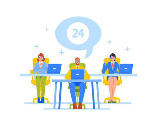 Smiling Friendly Male and Female Call Center Agents or Operators with Headset Working on Support Hotline in Office