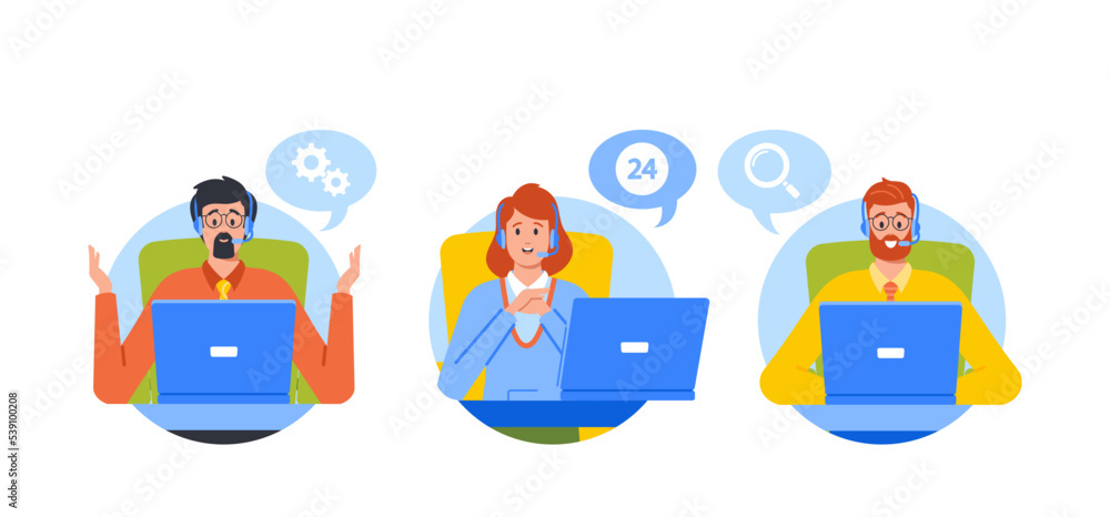 Aufkleber hotline operators help clients online. customer service operators consult people with headsets on co