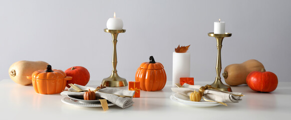 Concept of Thanksgiving day, Autumn table setting on white table