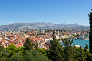 The city of Split, Dalmatia, Croatia seen from "Viewpoint to Marjan" on a sunny day in September, 2022.