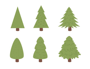 Vector flat style illustration. A set of Christmas trees isolated on a white background. Collection of Christmas trees of various styles. Different Christmas trees for Christmas card design