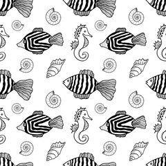 Seamless pattern with fishes, seahorses and shells. Black and white hand drawn vector illustration. Seamless background. Wallpaper design. Fabric design. Simple vector pattern with cute fishes.