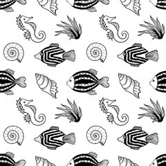 Fototapeta na wymiar Seamless pattern with fishes, algae, seahorse and shells. Black and white hand drawn vector illustration. Seamless background. Wallpaper design. Fabric design. Simple vector pattern with cute fishes.