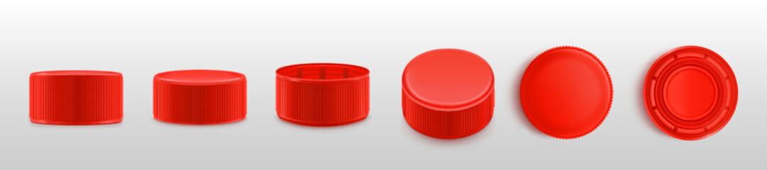 Red bottle cap, realistic plastic lids turn top, bottom and side view positions. Cover for water, beverage, drink container. Design elements isolated on white background, 3d vector illustration, set