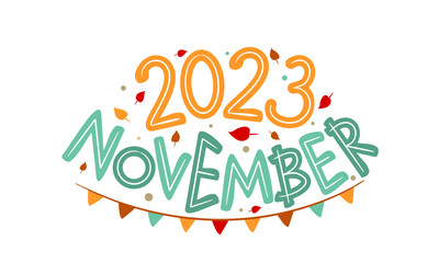 November 2023 logo with hand-drawn autumn leaves and garland. Months emblem for the design of calendars, seasons postcards, diaries. Doodle Vector illustration isolated on white background.