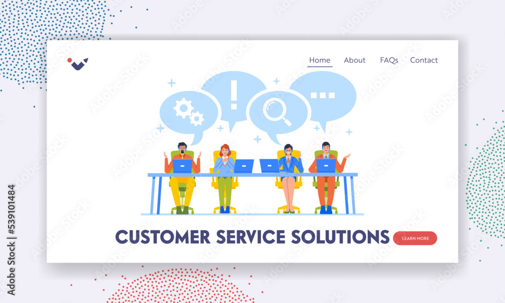 Poster customer service solution landing page template. technical support specialist solve client problems,