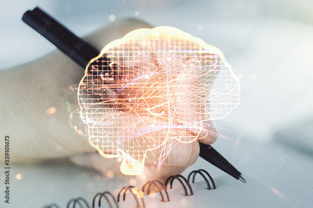 Poster Double exposure of creative artificial Intelligence symbol with man hand writing in notebook on background. Neural networks and machine learning concept