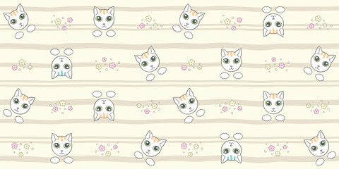 White cat faces and paws on a beige striped background with flowers. Endless texture with cute kittens, adorable pet. Vector seamless pattern for wrapping paper, surface texture or printing on clothes