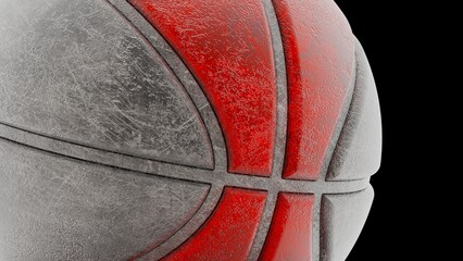 Silver-red metallic basketball under black-white lighting background. Concept 3D CG of propaganda for the team, advertisement for the league finals and the fruits of the players' efforts.
