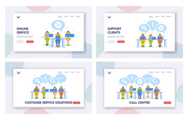 Obraz na płótnie Canvas Call Center Landing Page Template Set. Professional Technical Receptionist Characters Work on Hotline Customer Support