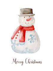Watercolor Christmas snowman. Hand painted New Year decor isolated on white background. Holiday illustration for design, print, fabric or background. - 539102040