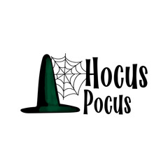 Witch hat Halloween illustration with text Hocus Pocus isolated on white background