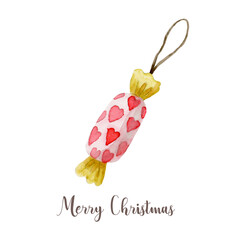 Watercolor Christmas bell with bow. Hand painted New Year decor isolated on white background. Holiday illustration for design, print, fabric or background.