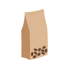 Craft paper bag with coffee beans. Closed coffee packaging. Hand drawn colored vector illustration isolated on white background. Flat cartoon style.