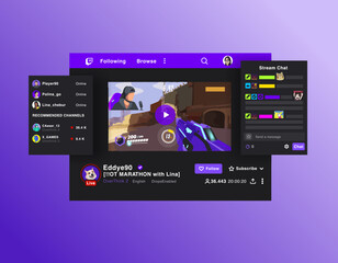 Video  game live streaming service. Broadcasts of esports competitions. Music broadcasts, creative content. Streamer playing the game live
