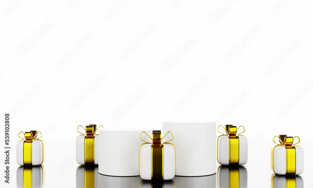 Poster 3d rendering minimal podium scene with gift box on white background. 3d rendering illustration
