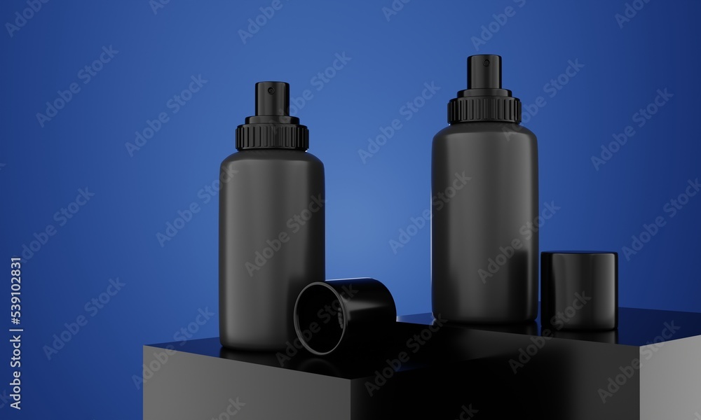 Poster minimalist background with product bottle for presentation. elegant product bottle on blue backgroun