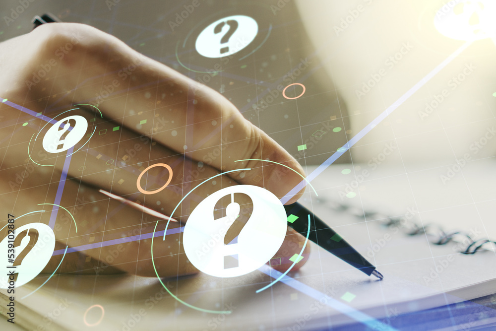 Aufkleber creative abstract question mark sketch and man hand writing in notepad on background, faq and resear