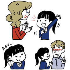 外国人教師と会話する女の子