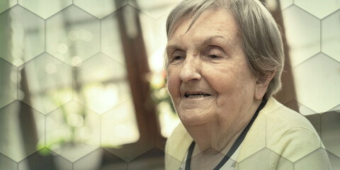 Senior woman portrait, geometric pattern