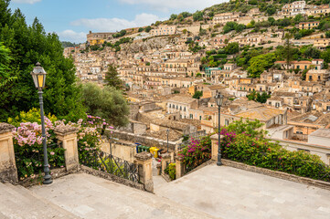 Extra wide High angle view of the historic center of Modica