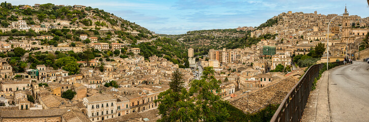 Extra wide angle view of the historic center of Modica