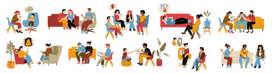 Mental therapy, health, psychotherapy session set. People visit psychologist for support and mind treatment. Adults, children, group of characters speak with doctor, Cartoon linear vector illustration