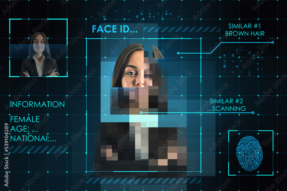 Poster face recognition and biometric concept with scanning process of young woman and fingerprint with per